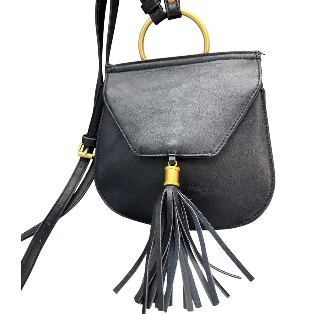 Big Buddha Black Leather Gold Rink Tassel Adjustable Strap Crossbody Bag Purse